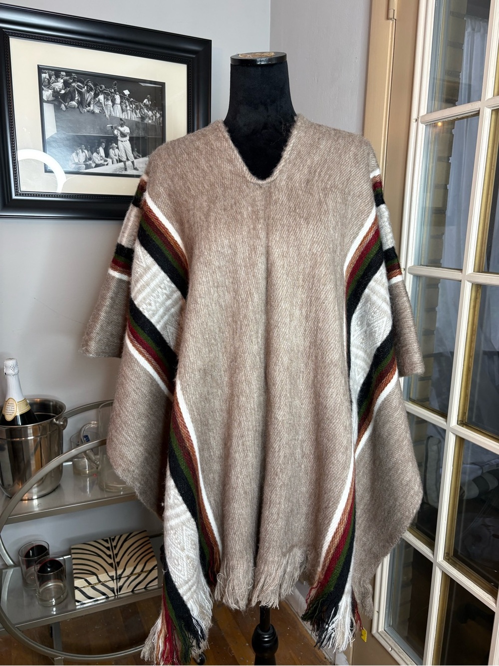 Beige Fringed Poncho Sweater with Multicolor Wool .